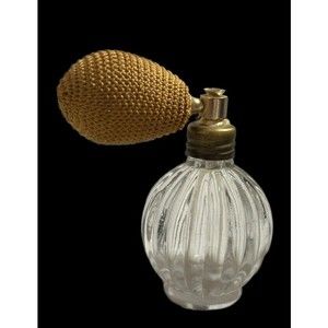 Glass Perfume Bottle Beige Atomizer Vintage Ribbed Clear